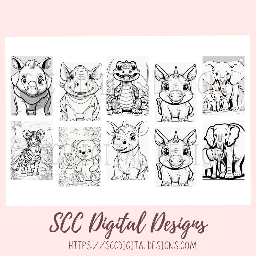 Printable Coloring Pages for Kids and Adults, Zoo Animals Print at Home, Elephant Zebra Relaxing Therapeutic & Creative Art Instant Download Home School Activity