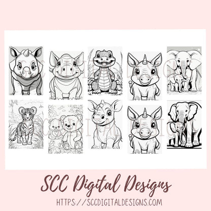 Printable Coloring Pages for Kids and Adults, Zoo Animals Print at Home, Elephant Zebra Relaxing Therapeutic & Creative Art Instant Download Home School Activity