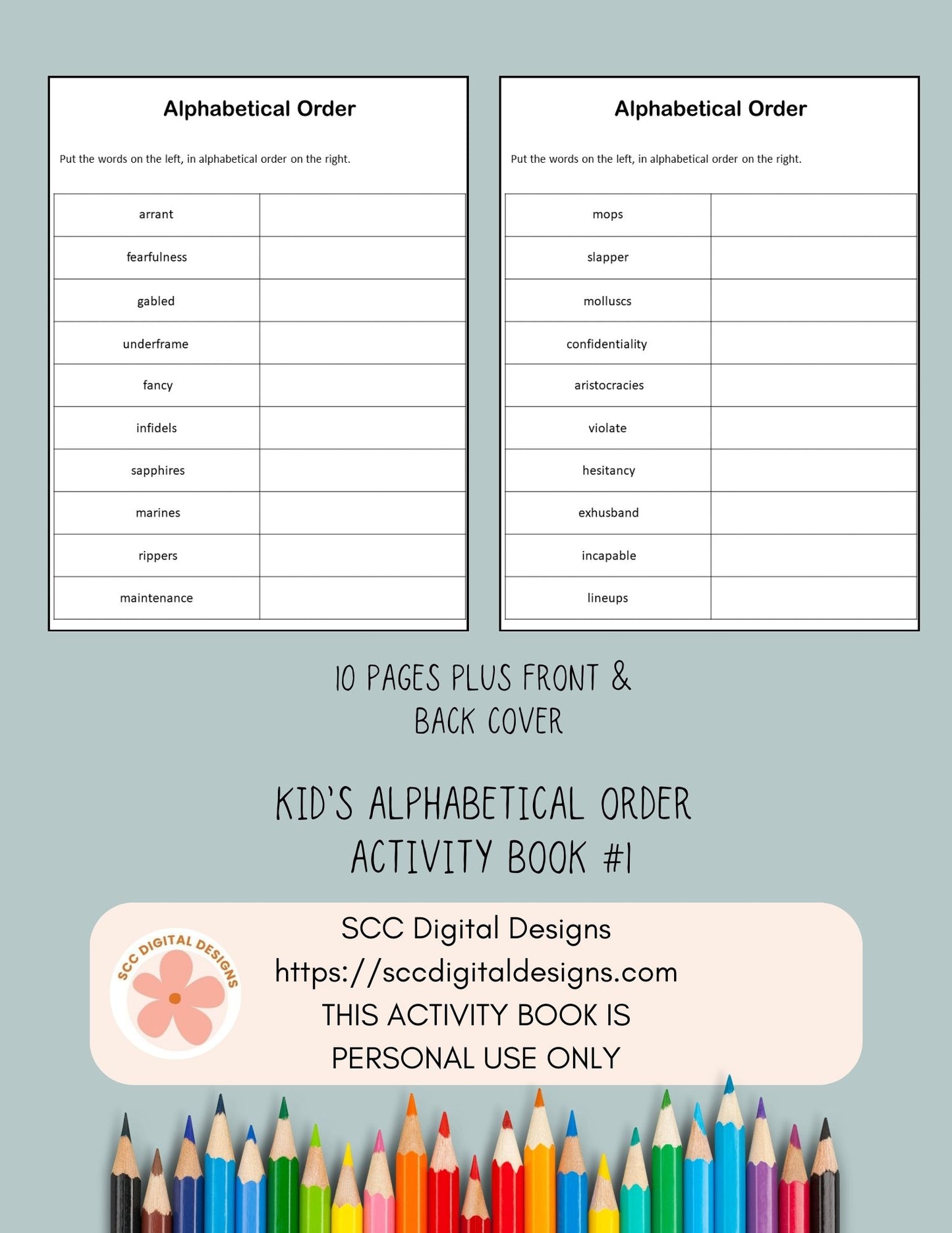 Kid's Alphabetical Order Printable Activity Book 10 pages in pdf format