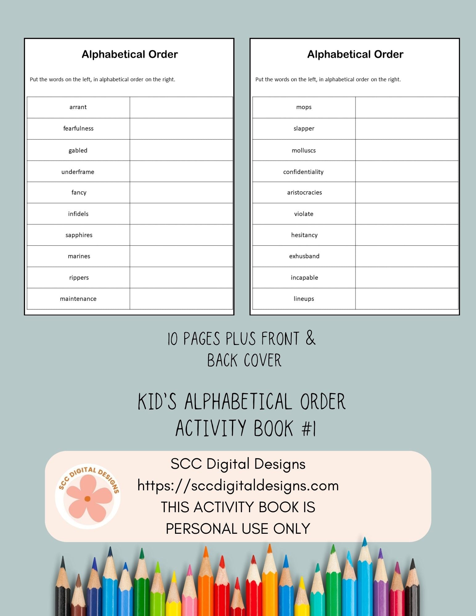 Kid's Alphabetical Order Printable Activity Book 10 pages in pdf format