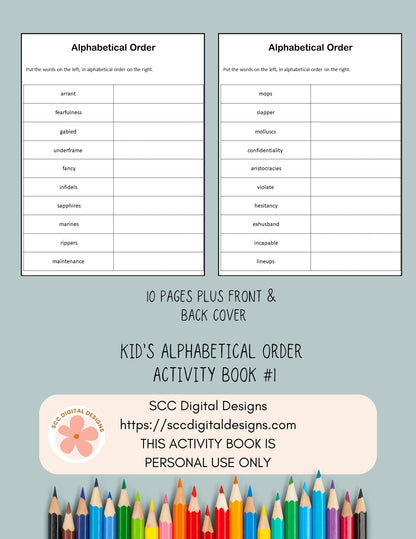 Kid's Alphabetical Order Printable Activity Book 10 pages in pdf format