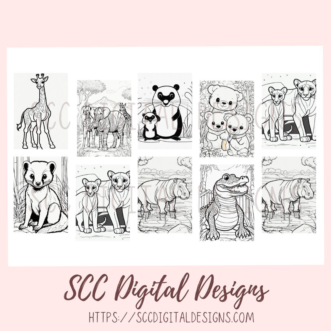 Printable Coloring Pages for Kids and Adults, Zoo Animals Print at Home, Elephant Zebra Relaxing Therapeutic & Creative Art Instant Download Home School Activity