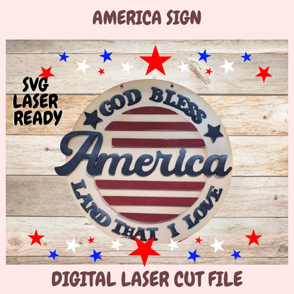 Decorative sign with 'God Bless America' text on a wooden background with stars and stripes.