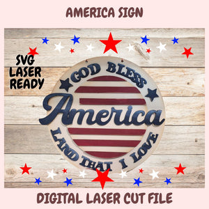 Decorative sign with 'God Bless America' text on a wooden background with stars and stripes.