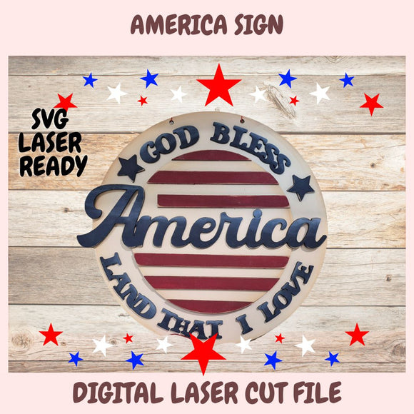 Decorative sign with 'God Bless America' text on a wooden background with stars and stripes.