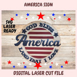 Decorative sign with 'God Bless America' text on a wooden background with stars and stripes.