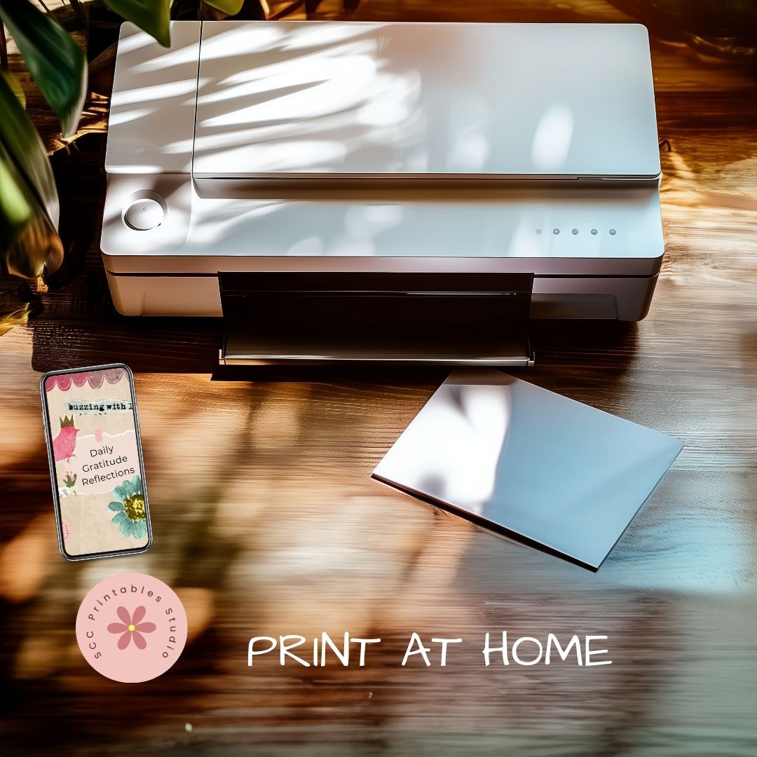 Printer on a wooden surface with a smartphone displaying a printout, surrounded by plants.