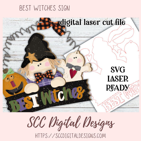 Best Witches Sign SVG Ready Laser Design, 3D Witch with Pumpkin, Ghost & Wordart Front Door Sign Digital Laser SVG File, Instant Download Commercial Use Woodworking Pattern