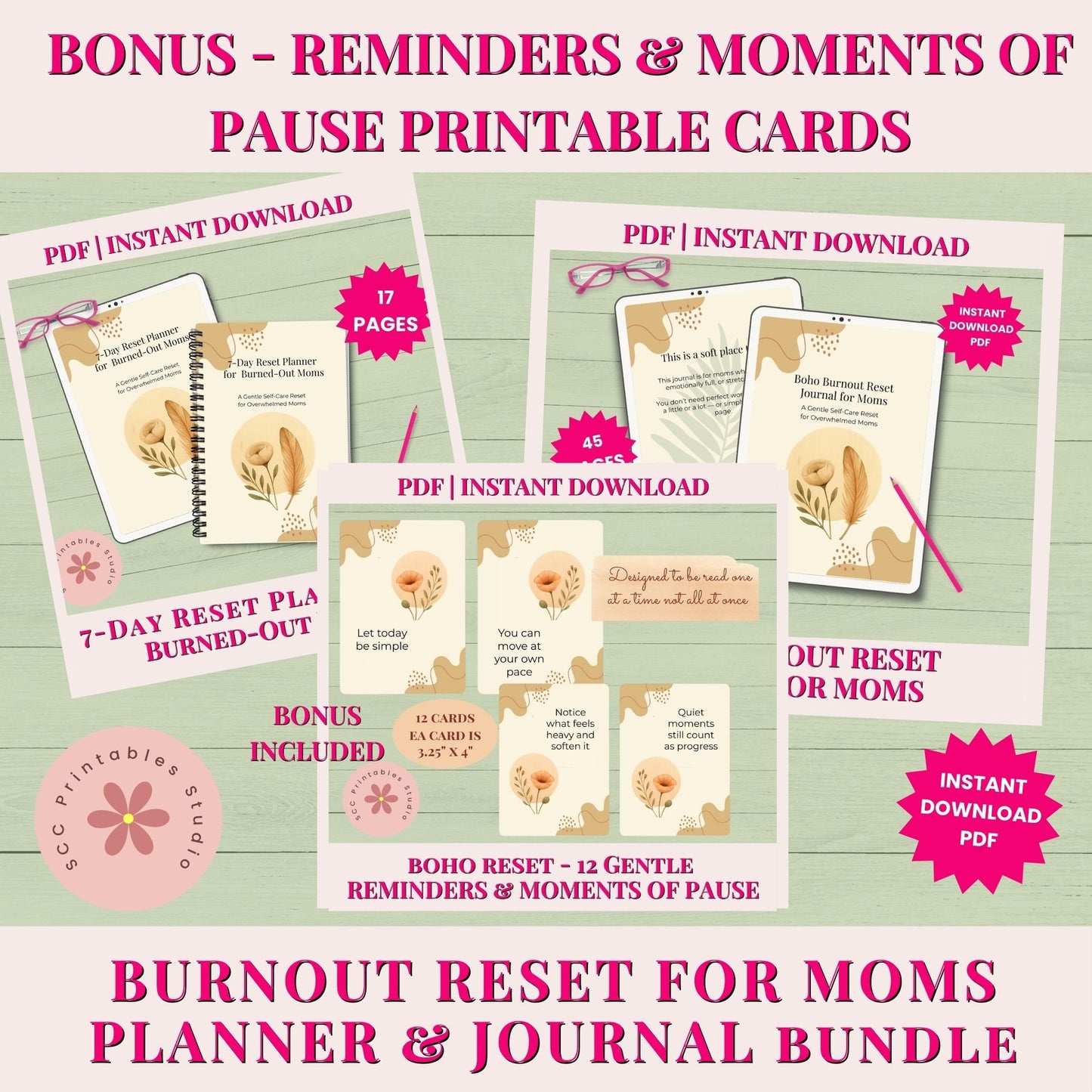 Promotional image of a planner and journal bundle with printable cards for burnout reset, featuring text and product images on a green background.