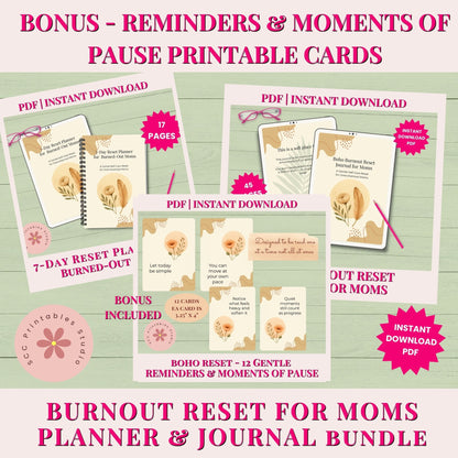 Promotional image of a planner and journal bundle with printable cards for burnout reset, featuring text and product images on a green background.