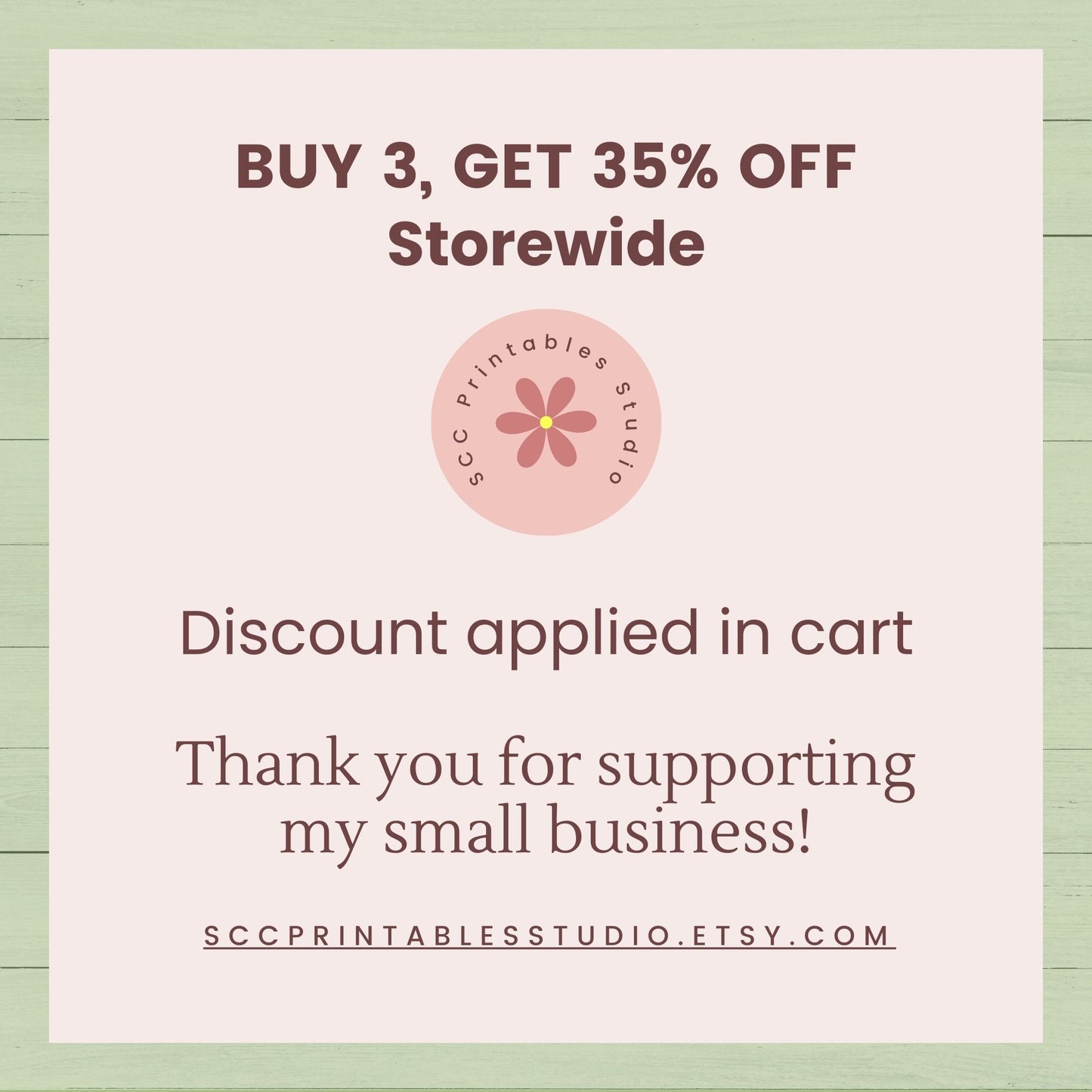 Promotional message for a discount offer on storewide items with a small business thank you note.