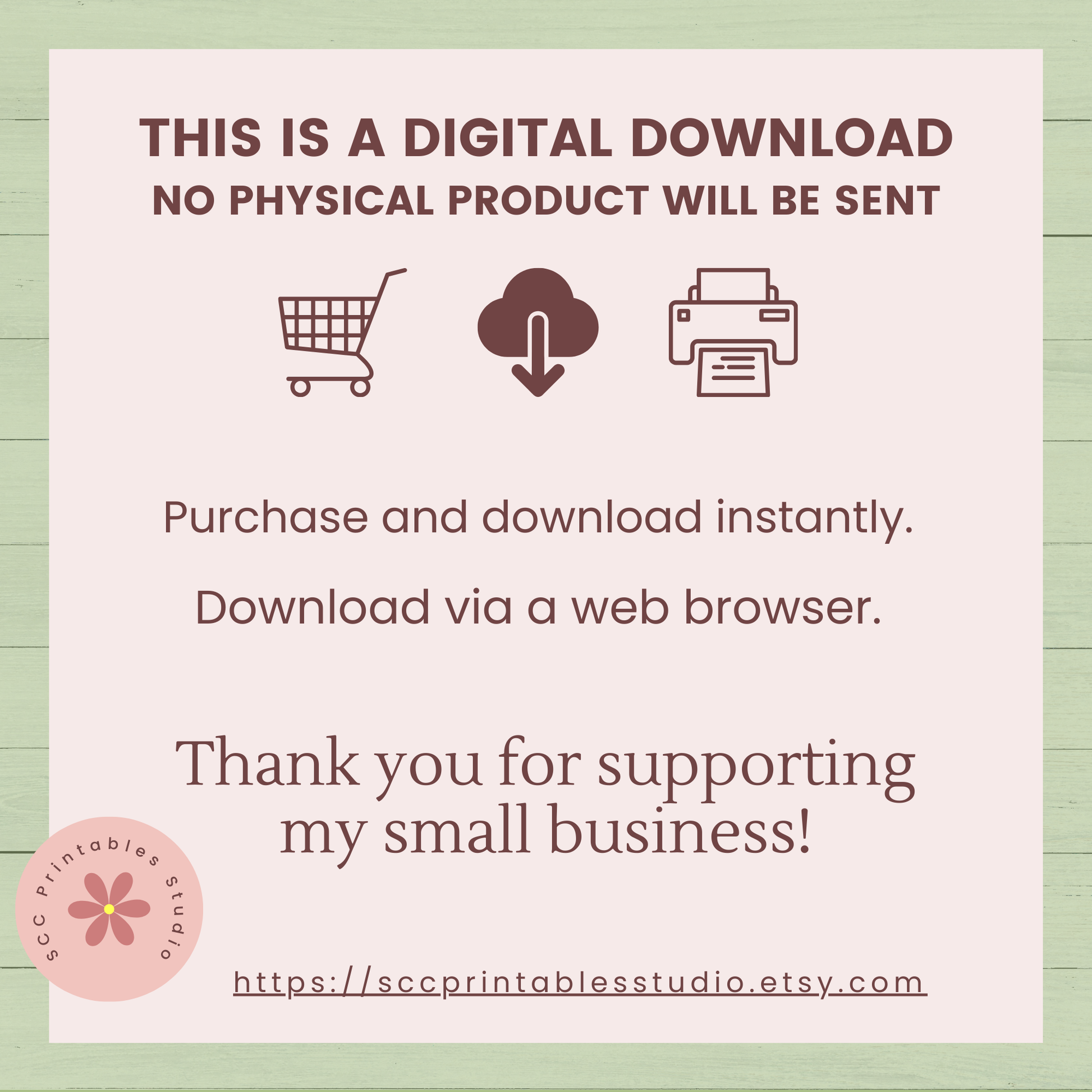 Digital download information with icons and text on a light green background