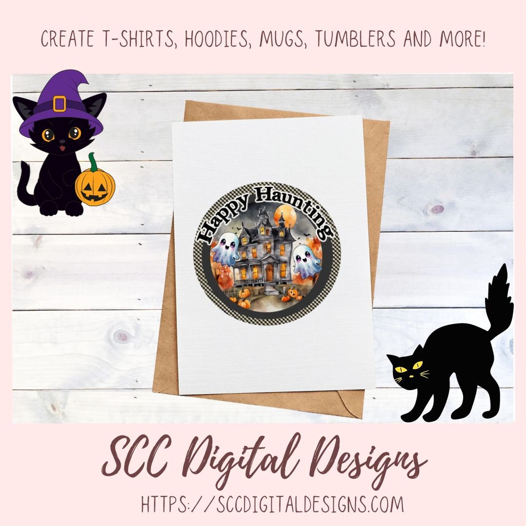 Happy Haunting Ghost PNG for Halloween T-Shirts for Women, Fall Crafting Haunted House Spooky Vibes Designs for Kids for Party Invites