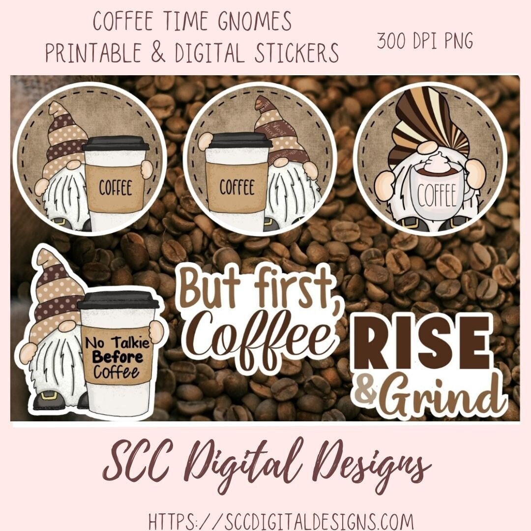 Coffee Time Gnomes PNG Bundle, Printable Stickers for Coffee and Gnome Lovers, Digital Stickers Goodnotes Compatible Scrapbooking Elements