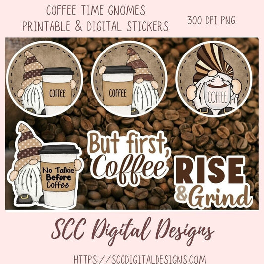Coffee Time Gnomes PNG Bundle, Printable Stickers for Coffee and Gnome Lovers, Digital Stickers Goodnotes Compatible Scrapbooking Elements
