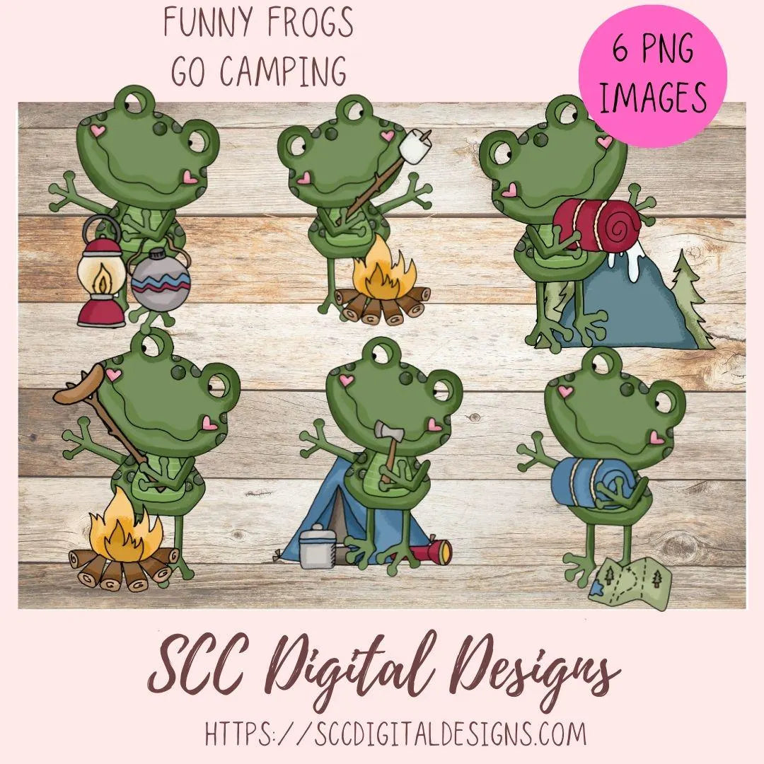 Camp Life PNG, Funny Frogs Camping Clipart with Sleeping Bag, Tent, Campfire and Smores, Frog Clip Art for Mugs, T-Shirts for Mom