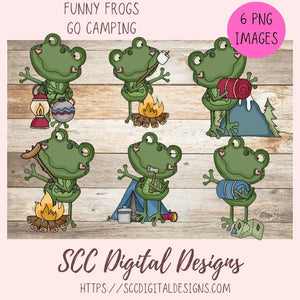 Camp Life PNG, Funny Frogs Camping Clipart with Sleeping Bag, Tent, Campfire and Smores, Frog Clip Art for Mugs, T-Shirts for Mom