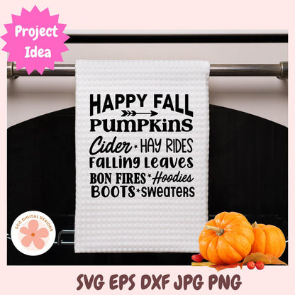Happy Fall SVG, Pumpkins Cider, Hay Rides Falling Leaves Bon Fires, Farmhouse Autumn Home Decor, Wall Art Fall Vibes Vinyl Cut File