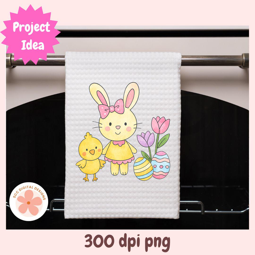 Easter Clipart, Whimsical Bunny Rabbits, Chicks, Easter Baskets & Pastel Colored Egg PNG, Easter Party Clip Art