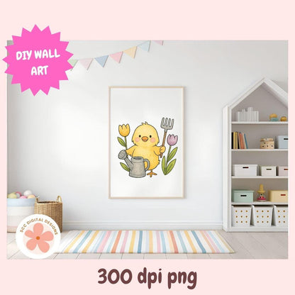 Easter Clipart, Whimsical Bunny Rabbits, Chicks, Easter Baskets & Pastel Colored Egg PNG, Easter Party Clip Art