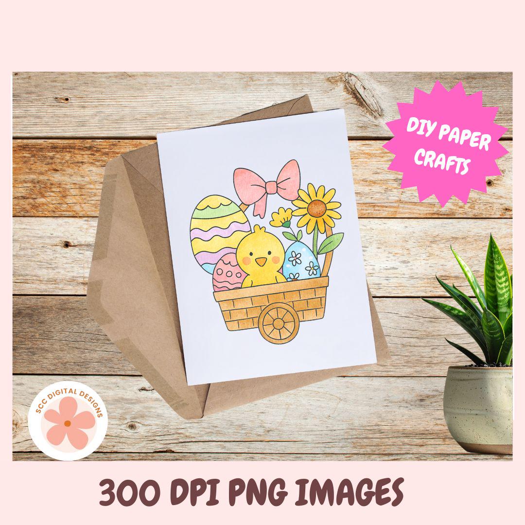 Easter Clipart, Whimsical Bunny Rabbits, Chicks, Easter Baskets & Pastel Colored Egg PNG, Easter Party Clip Art