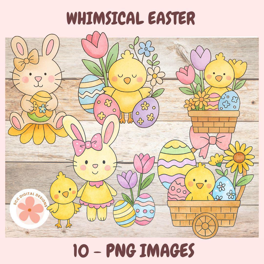 Easter Clipart, Whimsical Bunny Rabbits, Chicks, Easter Baskets & Pastel Colored Egg PNG, Easter Party Clip Art