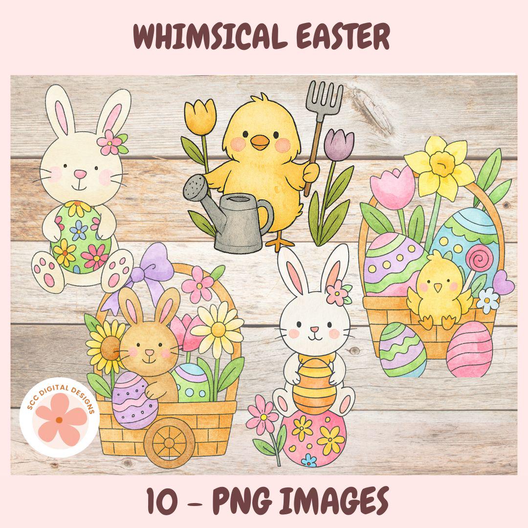Easter Clipart, Whimsical Bunny Rabbits, Chicks, Easter Baskets & Pastel Colored Egg PNG, Easter Party Clip Art