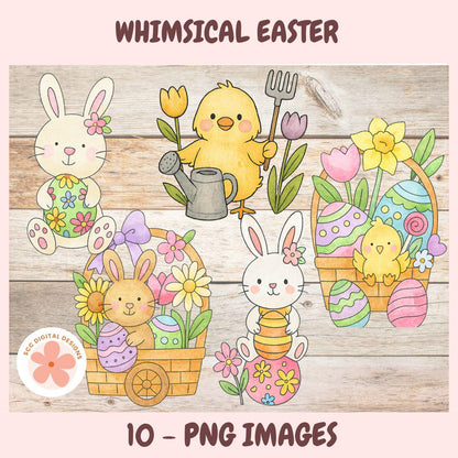Easter Clipart, Whimsical Bunny Rabbits, Chicks, Easter Baskets & Pastel Colored Egg PNG, Easter Party Clip Art