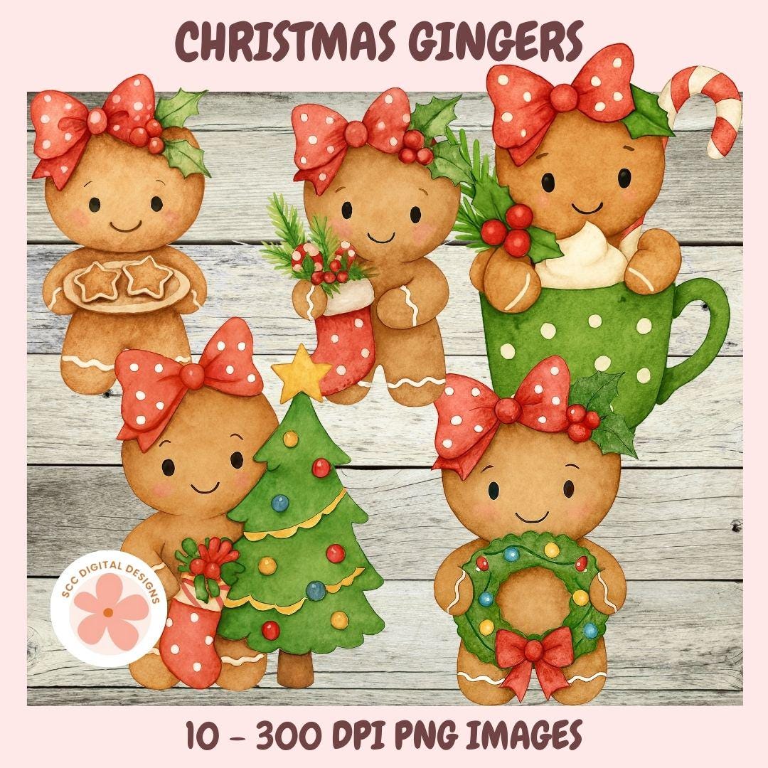 Cute Christmas Gingers PNG Bundle, Trees, Presents, Hot Cocoa Mugs, Gingerbread Cookies Clipart, Holiday Ginger Bread Girls Clip Art