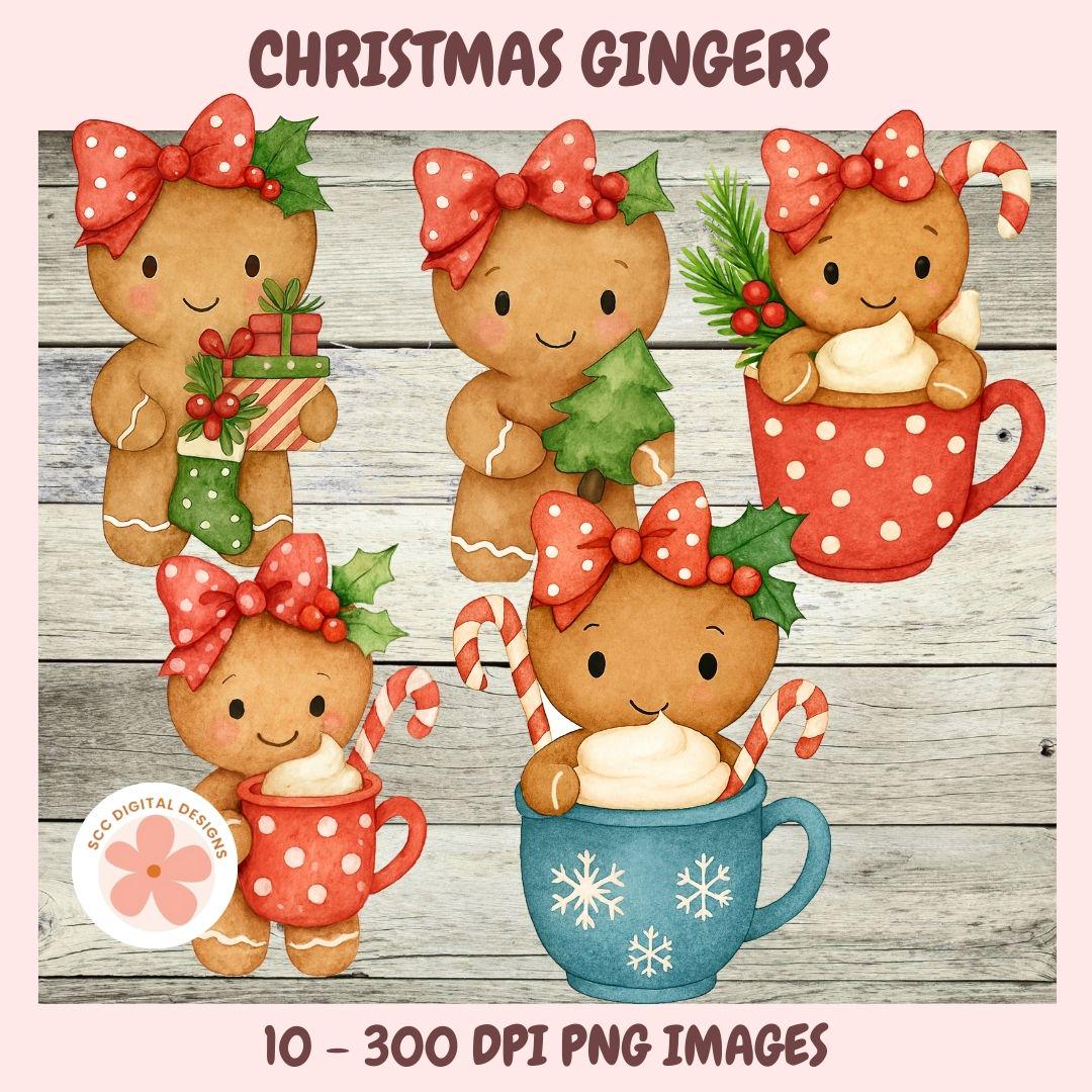 Cute Christmas Gingers PNG Bundle, Trees, Presents, Hot Cocoa Mugs, Gingerbread Cookies Clipart, Holiday Ginger Bread Girls Clip Art