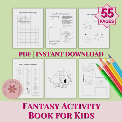 Fantasy Coloring Pages for Kids – Dragons, Games, Bookmarks &amp; Placemats | 55 Printable Activity Sheets (PDF)