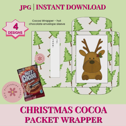 Christmas Cocoa Wrapper Printable, Santa Reindeer Bunny & Boston Terrier Gift Card Sleeve, DIY Hot Chocolate Packet Envelope