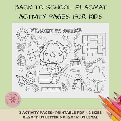 Back to School Printable Placemats – First Day of School Activity Sheets with Coloring, Maze, and Tic-Tac-Toe