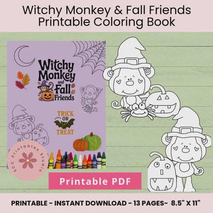 Halloween Coloring Pages, Witchy Monkey & Fall Friends Coloring Book, Printable Pumpkin Kid's Activity, Home School and Teacher Resources