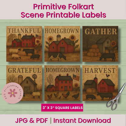 Primitive Folk Art Americana Printable Labels – Saltbox Houses, Sheep & Cows, Thankful & Blessings Junk Journal Collage Sheet