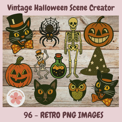 Retro Halloween Scene Creator Clipart – 96 Vintage-Inspired PNG Images for Digital Crafts, Junk Journals & Scrapbooking