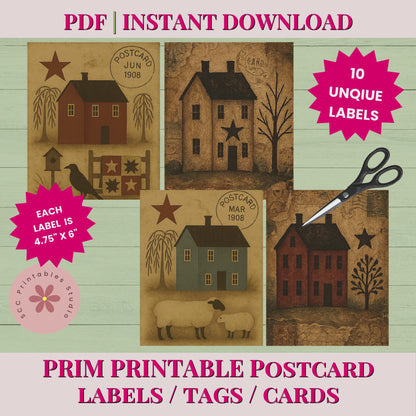 Primitive Americana Printable Postcards, Saltbox Houses, Crows, Quilts & Sheep Collage Sheets for Junk Journals & Scrapbooking