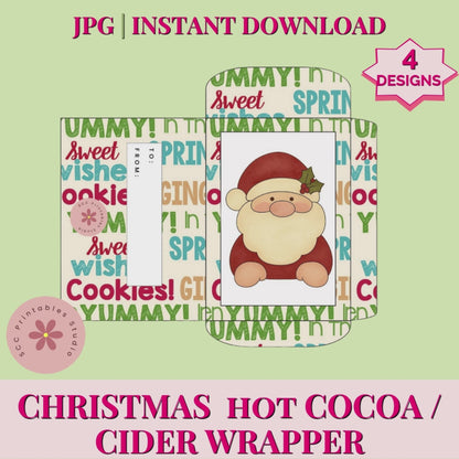 Christmas Hot Cocoa Wrapper Printable Set, DIY Chocolate Favors & Stocking Stuffers, Instant Download Holiday Gift Sleeves for Teachers & Friends, Santa Reinder & Santa Gnome