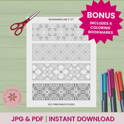 2026 Printable Coloring Calendar – Dated Geometric Monthly Planner with Bonus Coloring Bookmarks | US Letter PDF Instant Download
