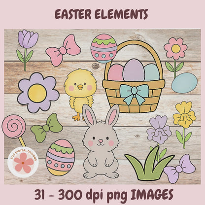 Cute Easter Clipart Bundle, Spring Floral Bunny PNG, Chick & Pastel Eggs, Nursery Wall Art & Scene Creator Graphics