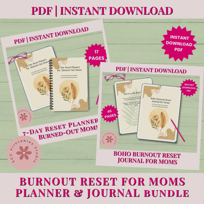Boho Burnout Reset Bundle for Moms - 7-Day Reset Planner &amp; Gentle Self-Care Journal Printable  Mindset & Recovery Ebook for Mom