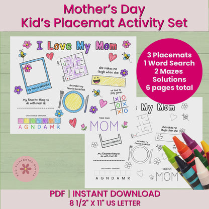 Mother’s Day Kids Activity Placemat Printable, Coloring & Fun Worksheet for Mom, Mama, Grandma, Mimi & Nana, Daycare & Homeschool Activity