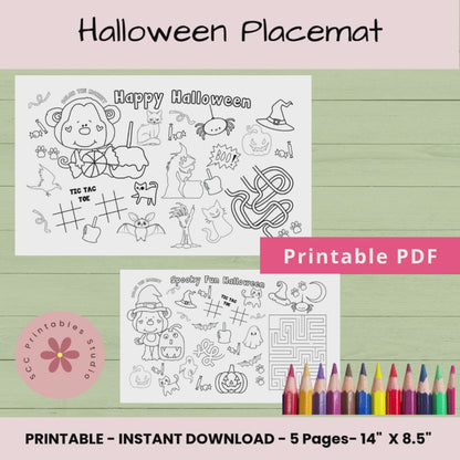 Halloween Activity Placemat for Kids – Printable Coloring & Craft Sheet for Parties, Homeschool & Classroom Fun
