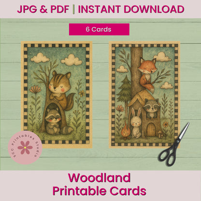 Woodland Printable Cards, Whimsical Forest Animal Collage Sheets (6 Designs, 4x6”), Digital Junk Journal Ephemera