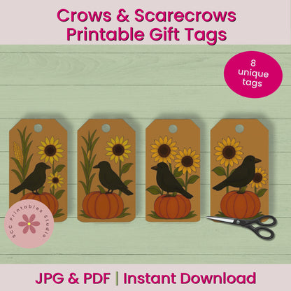 Crows & Scarecrows Fall Printable Gift Tags, Autumn Junk Journal Collage Sheet, Farmhouse Fall Tag, Scrapbooking Digital Ephemera