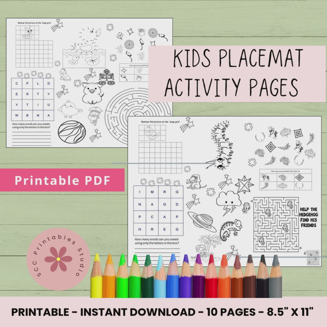 Kids Activity Placemat 10 page printable pdf