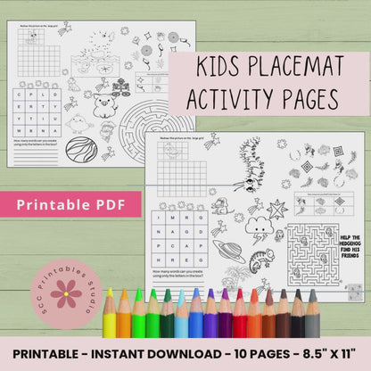 Kids Activity Placemat 10 page printable pdf