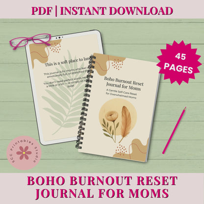 Boho Burnout Reset Journal for Moms, Printable Self-Care Workbook for Mom, Guided Mindset Reset & Burnout Recovery E-Book