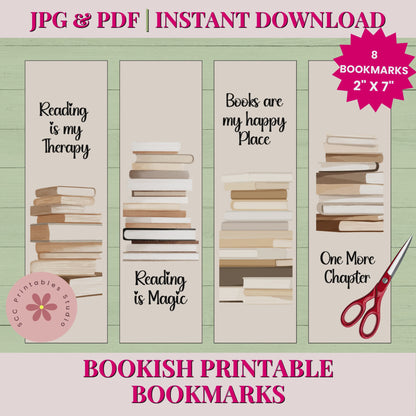 Cozy Minimal Bookish Bookmarks, Printable Bookstack Reading Quotes in Earth Tones Book Lover Gift