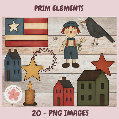 Primitive Americana PNG Clipart Bundle – Saltbox Houses, Sheep, Annie Dolls, Crow & Flag Folk Art Elements for Stickers, Scrapbooking & Crafting